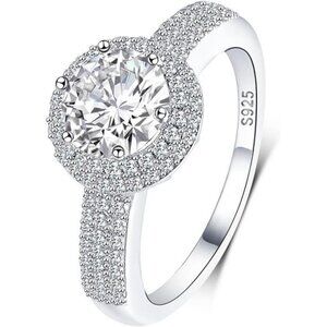 18K White Gold Plated Sterling Silver Round Halo Cubic Zirconia Eternity Ring